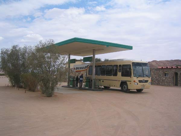 Tankstelle mit Dach und einem Reisebus unter Bäumen